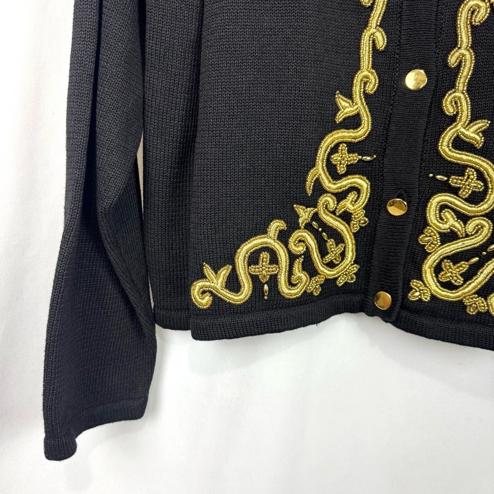 VTG Joan Leslie Petite M Knit Black Gold Embroidered Button Up Cardigan Sweater - Picture 3 of 9
